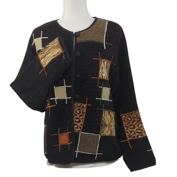 Vintage 90s Black Tapestry Jacket Geometric Animal‎ Print Patches Artsy Large - Picture 12 of 14